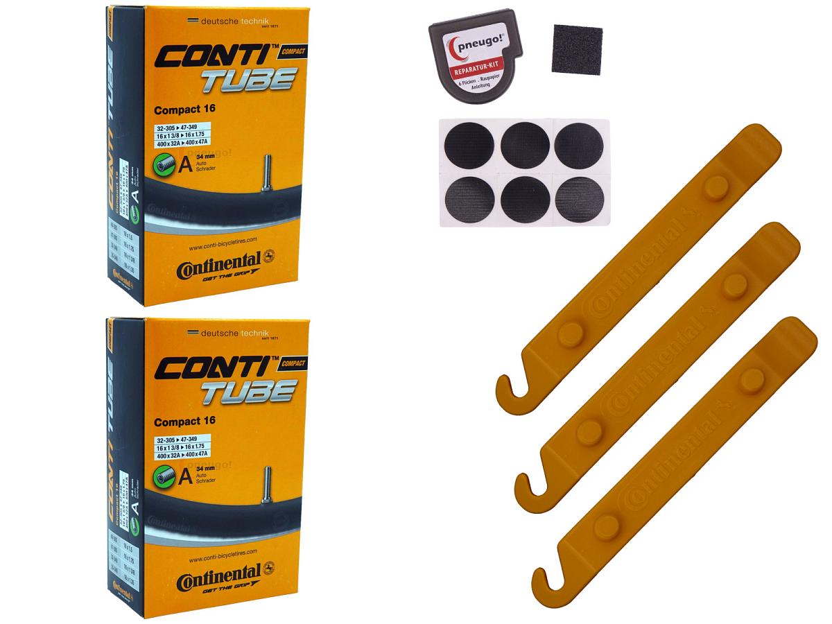 2x Fahrradschlauch Continental Compact 16 16 Zoll 32-305/47-349 Auto-Ventil 34mm +3x Conti Reifenheber +pneugo! Reparatur-Kit