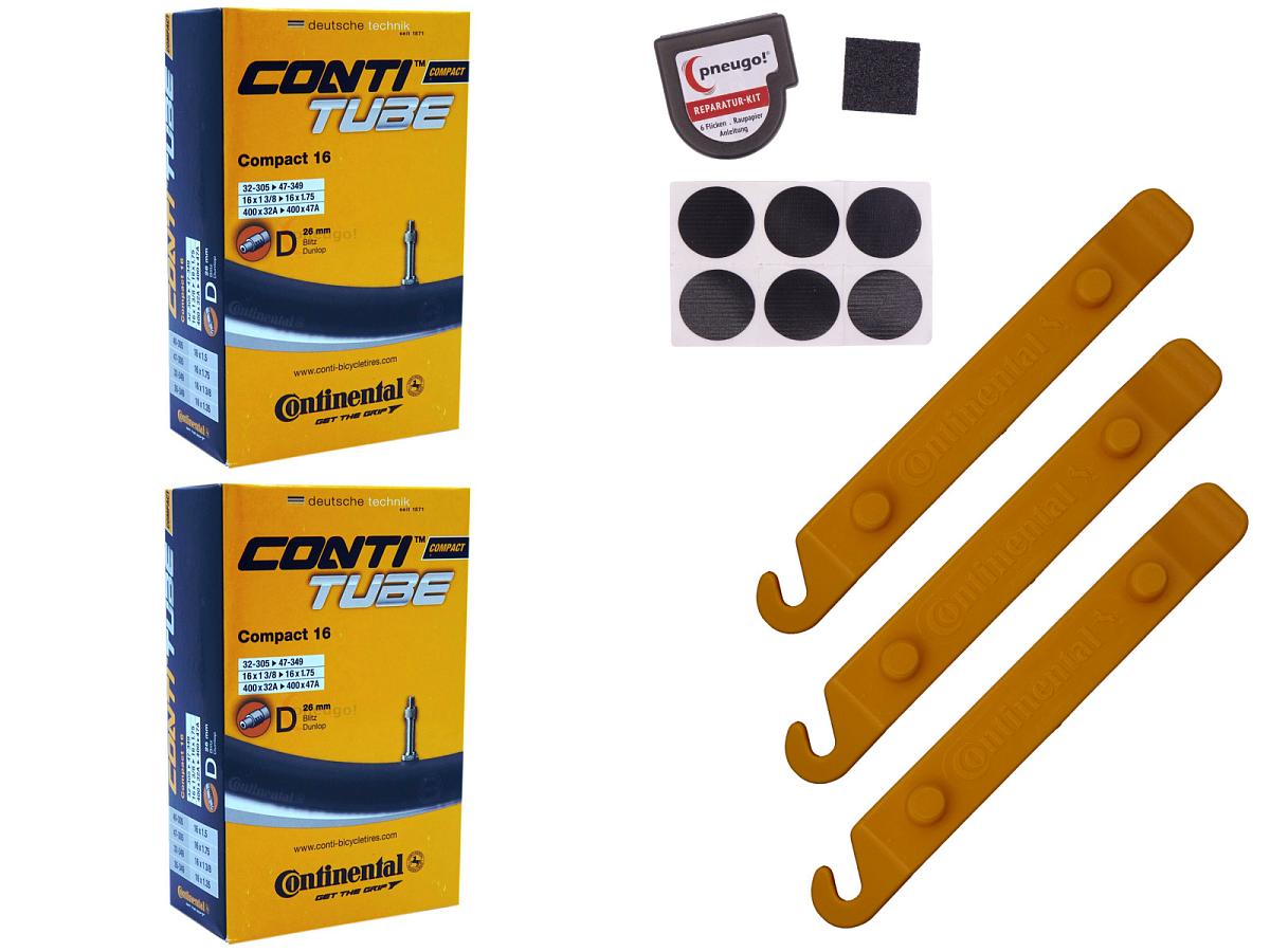 2x Fahrradschlauch Continental Compact 16 16 Zoll 32-305/47-349 Dunlop-Ventil 26mm +3x Conti Reifenheber +pneugo! Reparatur-Kit