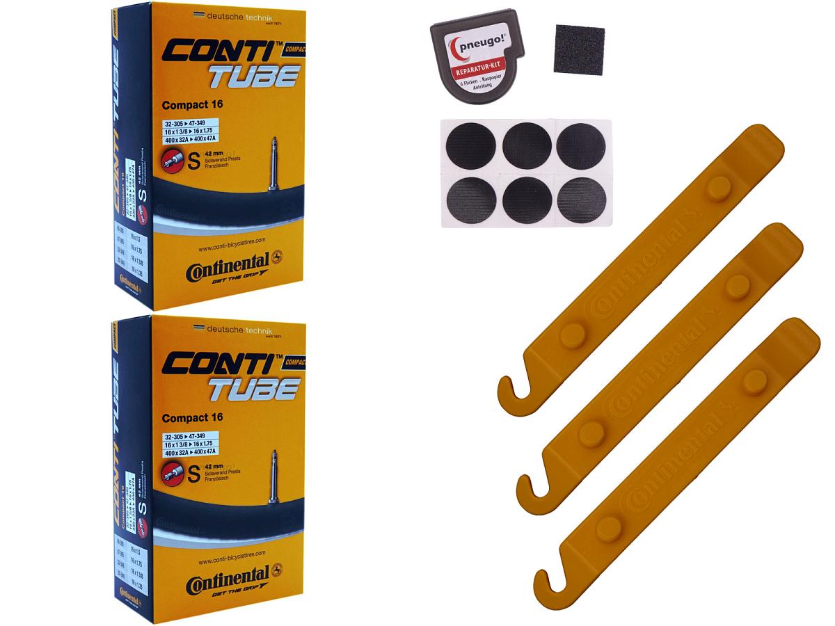 2x Fahrradschlauch Continental Compact 16 16 Zoll 32-305/47-305 Sclaverand-Ventil 42mm +3x Conti Reifenheber +pneugo! Reparatur-Kit