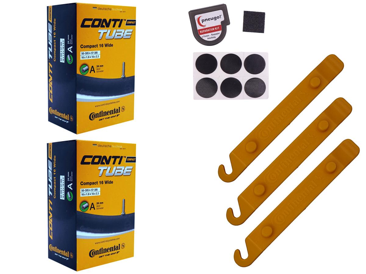 2x Fahrradschlauch Continental Compact 16 Wide 16 Zoll 50-305/57-305 Auto-Ventil 34mm +3x Conti Reifenheber +pneugo! Reparatur-Kit