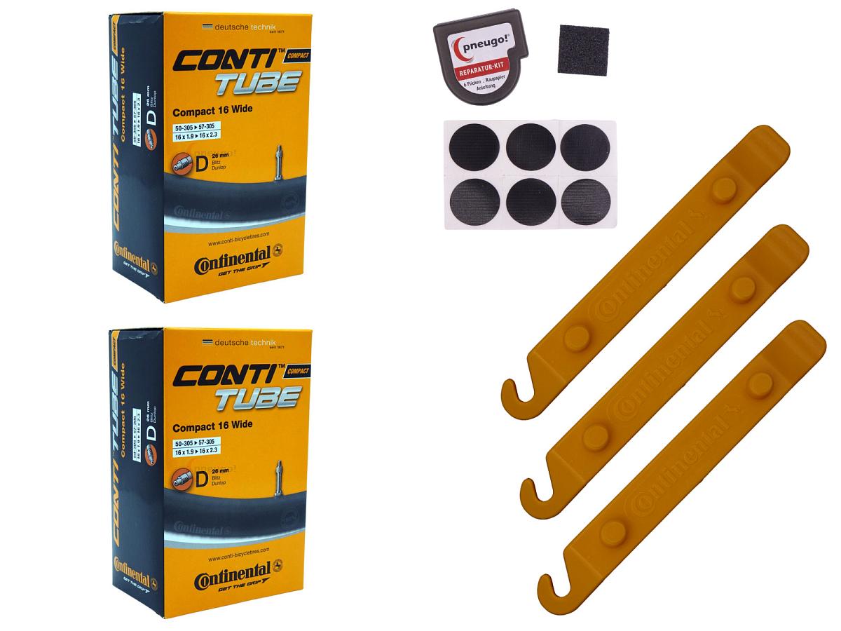 2x Fahrradschlauch Continental Compact 16 Wide 16 Zoll 50-305/57-305 Dunlop-Ventil 26mm +3x Conti Reifenheber +pneugo! Reparatur-Kit