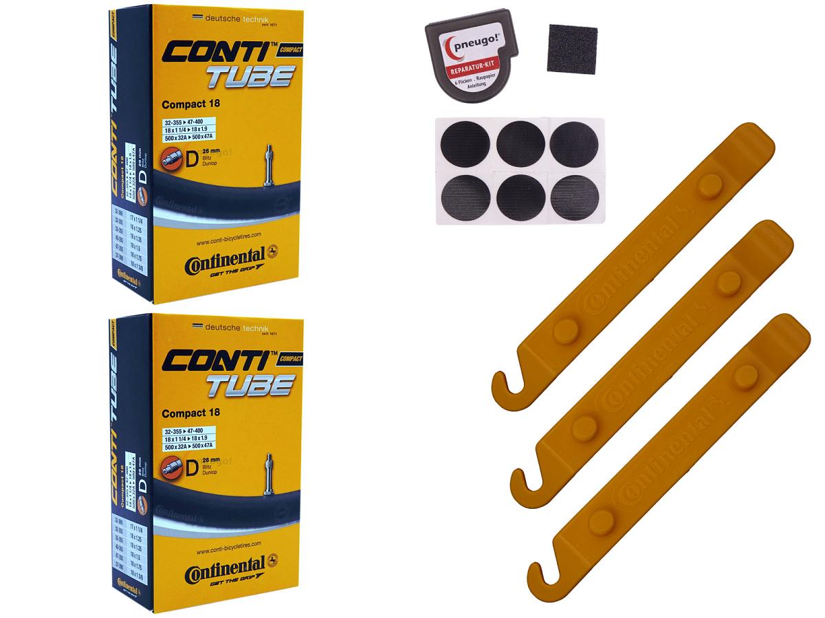 2x Fahrradschlauch Continental Compact 18 18 Zoll 32-355/47-400 Dunlop-Ventil 26mm +3x Conti Reifenheber +pneugo! Reparatur-Kit