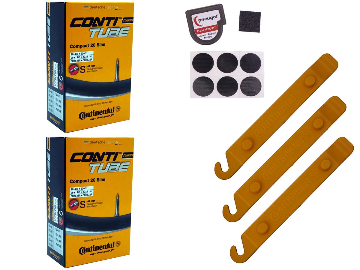 2x Fahrradschlauch Continental Compact 20 Slim 20 Zoll 28-406/32-440 Sclaverand-Ventil 42mm +3x Conti Reifenheber +pneugo! Reparatur-Kit