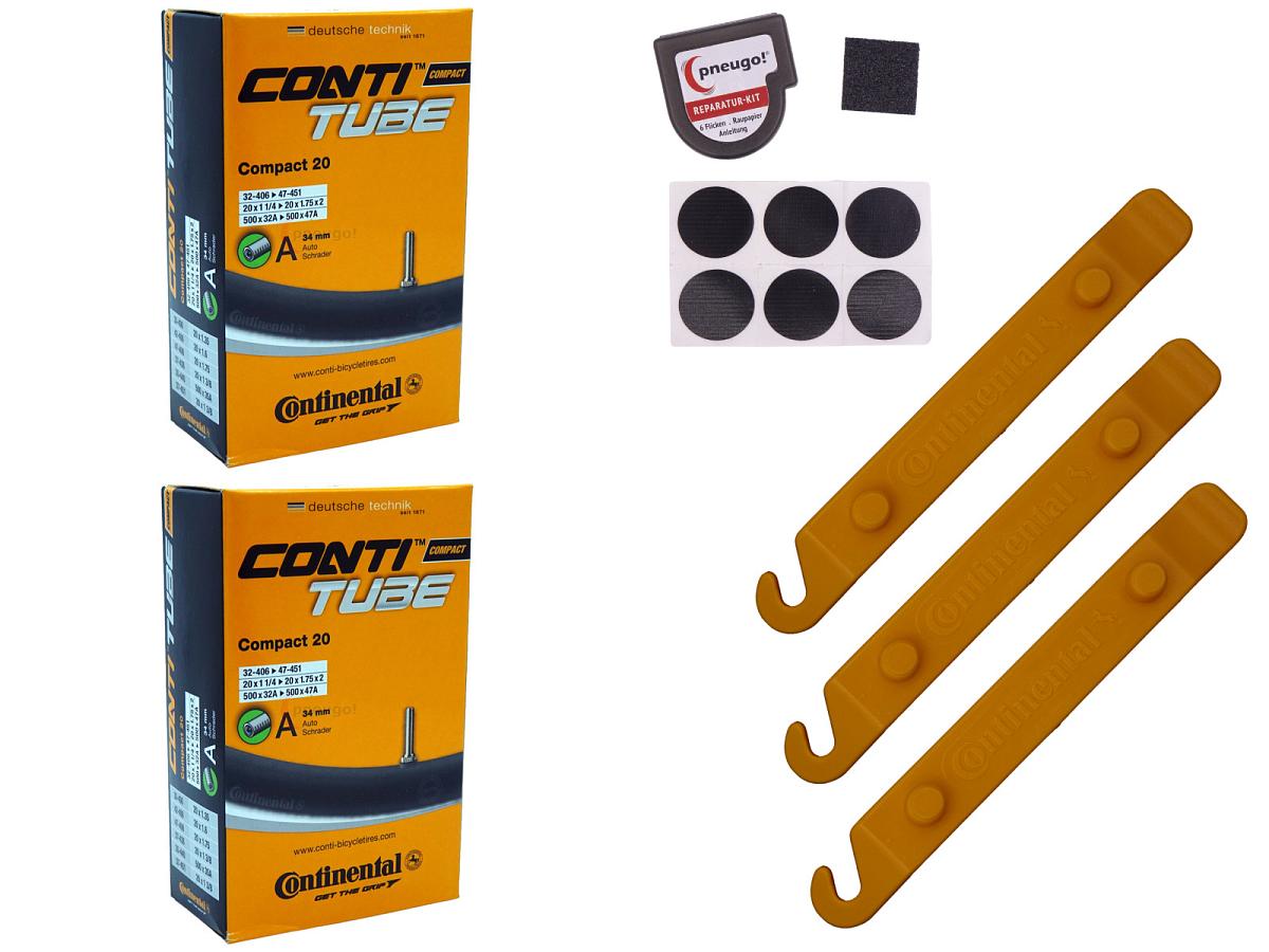 2x Fahrradschlauch Continental Compact 20 20 Zoll 35-406/47-406 Auto-Ventil 34mm +3x Conti Reifenheber +pneugo! Reparatur-Kit