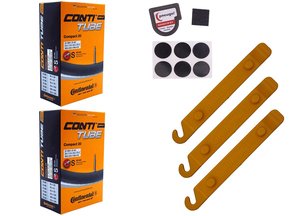 2x Fahrradschlauch Continental Compact 20 20 Zoll 35-406/47-406 Sclaverand-Ventil 42mm +3x Conti Reifenheber +pneugo! Reparatur-Kit