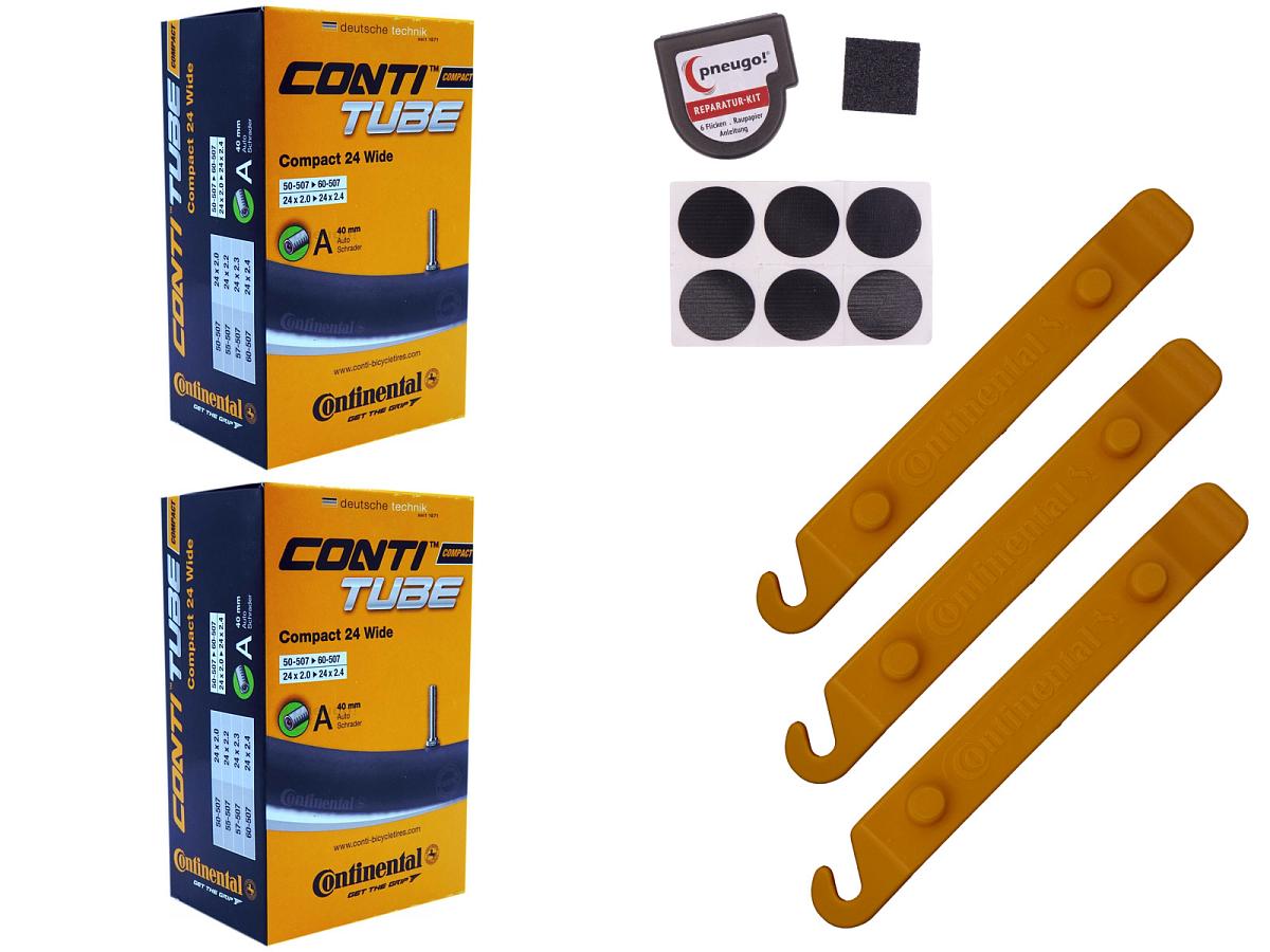 2x Fahrradschlauch Continental Compact 24 Wide 24 Zoll 50-507/60-507 Auto-Ventil 40mm +3x Conti Reifenheber +pneugo! Reparatur-Kit