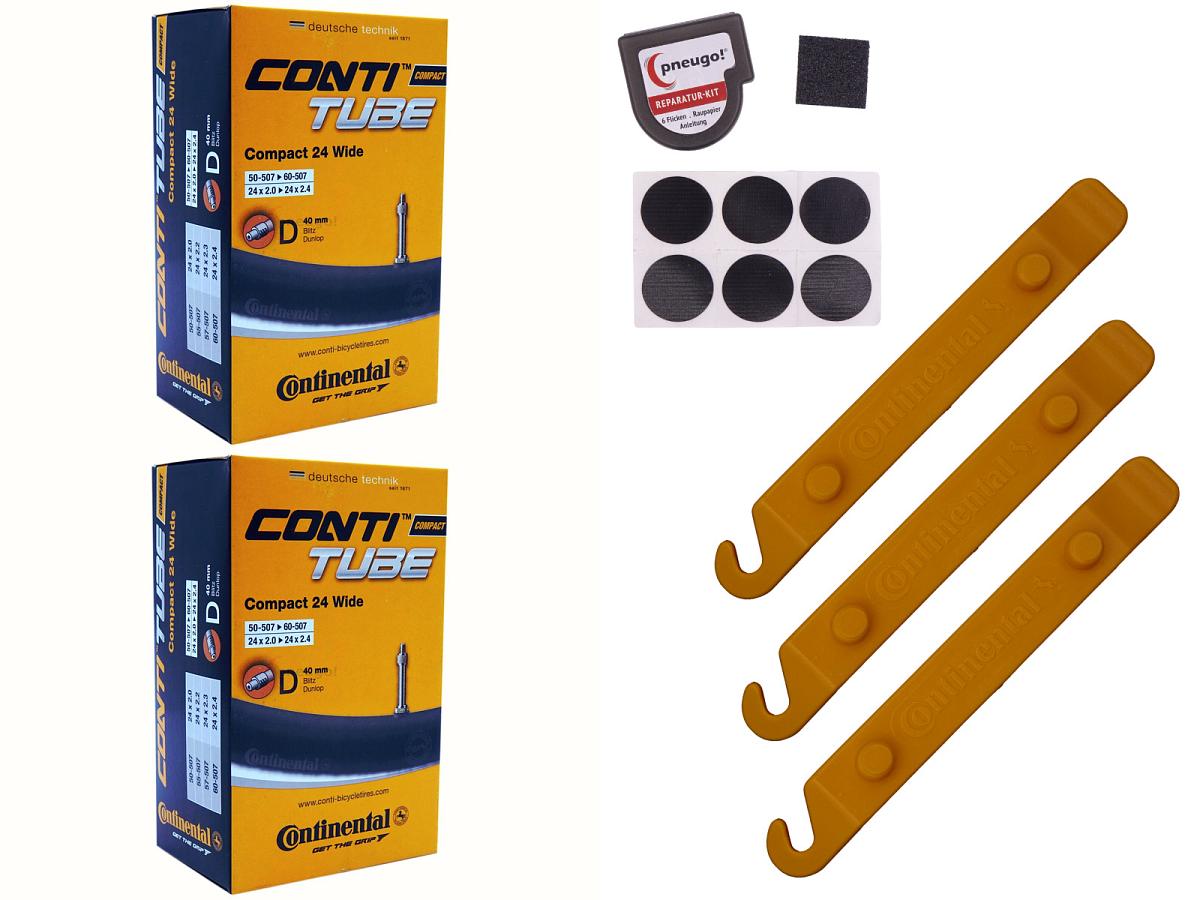 2x Fahrradschlauch Continental Compact 24 Wide 24 Zoll 50-507/60-507 Dunlop-Ventil 40mm +3x Conti Reifenheber +pneugo! Reparatur-Kit