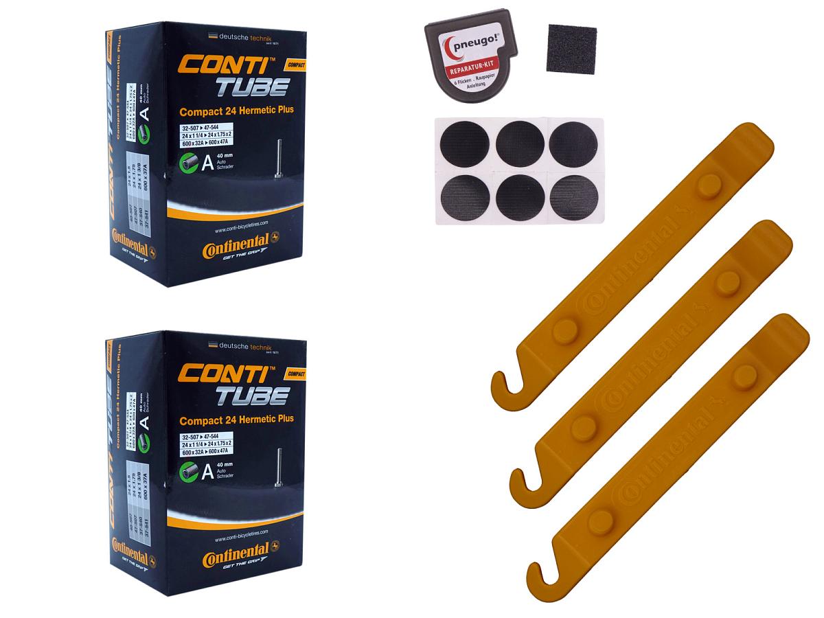 2x Fahrradschlauch Continental Hermetic Plus Compact 24 24 Zoll 32-507/47-544 Auto-Ventil 40mm +3x Conti Reifenheber +pneugo! Reparatur-Kit