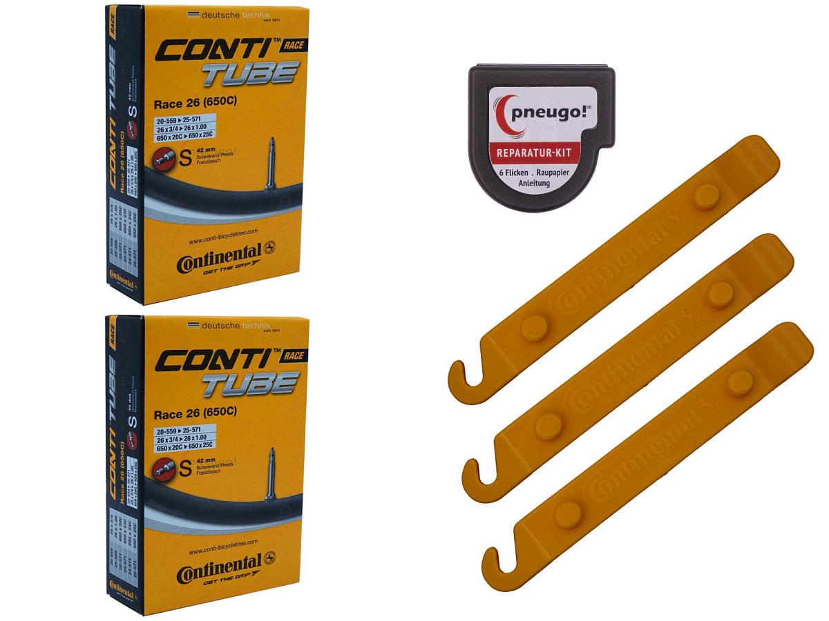 2x Fahrradschlauch Continental Race 26 26 Zoll 20-559/25-571 Sclaverand-Ventil 42mm +3x Conti Reifenheber +pneugo! Reparatur-Kit