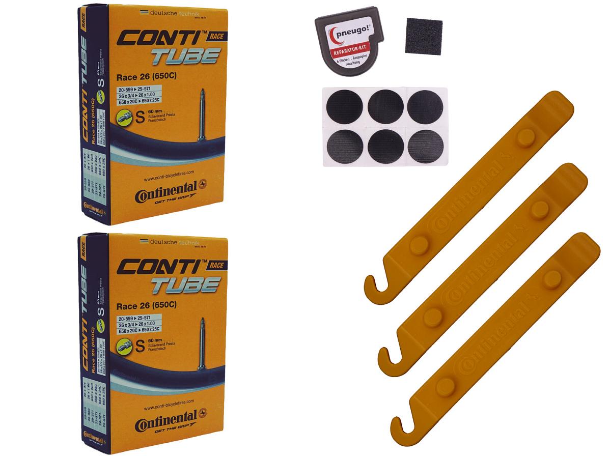 2x Fahrradschlauch Continental Race 26 26 Zoll 20-559/25-571 Sclaverand-Ventil 60mm +3x Conti Reifenheber +pneugo! Reparatur-Kit