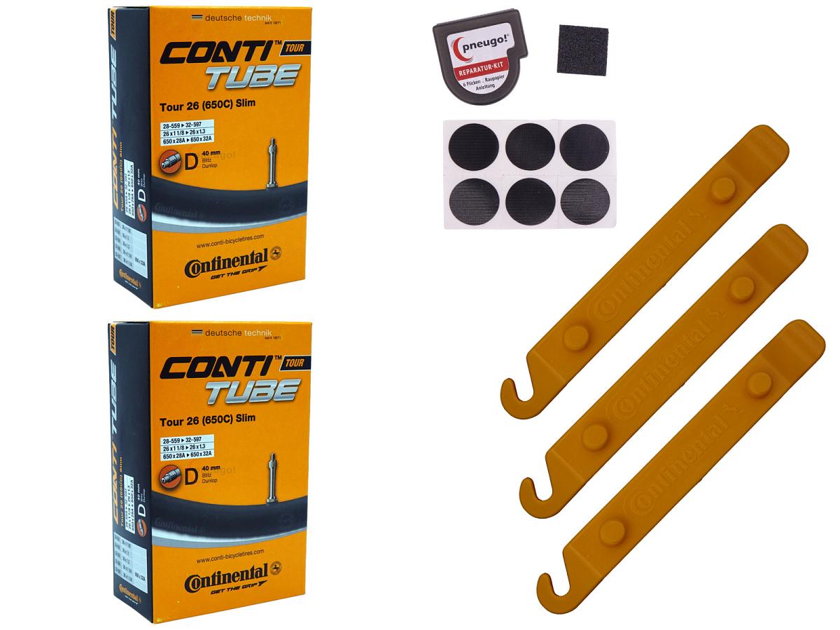 2x Fahrradschlauch Continental Tour-26 Slim 26 Zoll 28-559/32-597 Dunlop-Ventil 40mm +3x Conti Reifenheber +pneugo! Reparatur-Kit