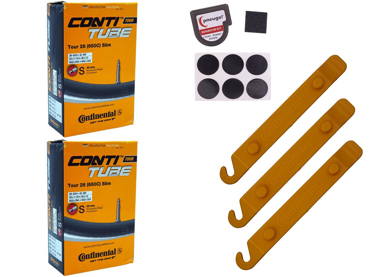 2x Fahrradschlauch Continental Tour 26 Slim 26 Zoll 28-559/32-597 Sclaverand-Ventil 42mm +3x Conti Reifenheber +pneugo! Reparatur-Kit