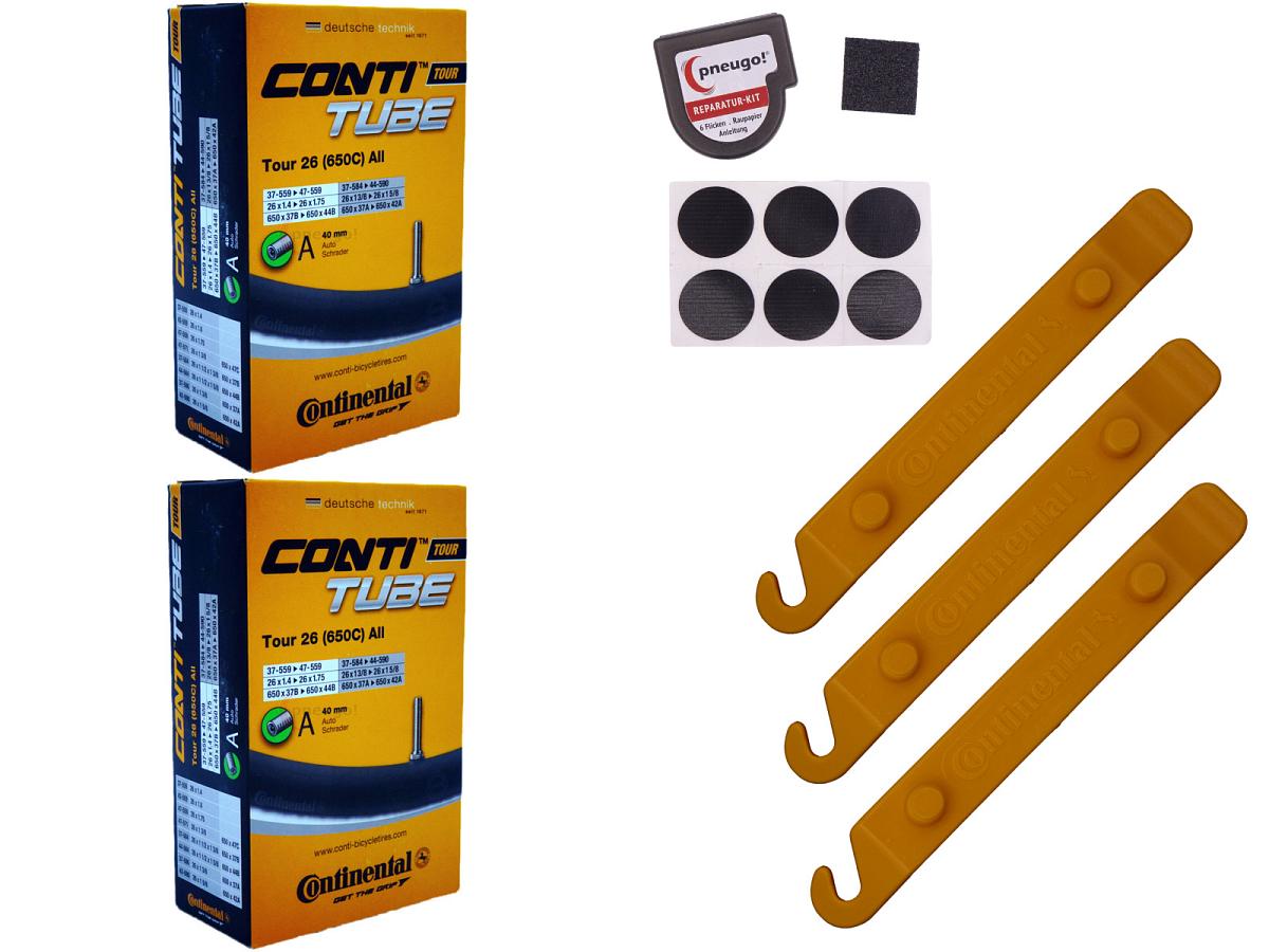 2x Fahrradschlauch Continental Tour 26 All 26 Zoll 37-559/47-571 Auto-Ventil 40mm +3x Conti Reifenheber +pneugo! Reparatur-Kit