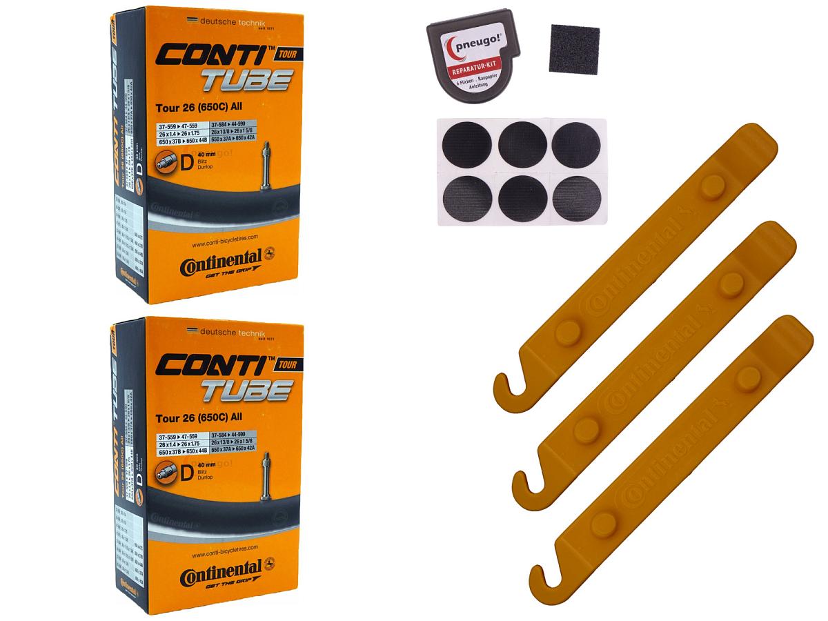 2x Fahrradschlauch Continental Tour 26 All 26 Zoll 37-559/47-571 Dunlop-Ventil 40mm +3x Conti Reifenheber +pneugo! Reparatur-Kit