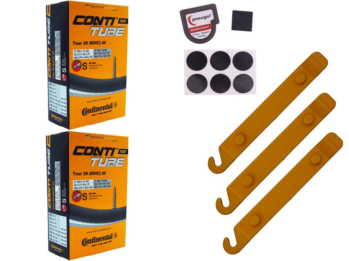 2x Fahrradschlauch Continental Tour 26 All 26 Zoll 37-559/47-571 Sclaverand-Ventil 42mm +3x Conti Reifenheber +pneugo! Reparatur-Kit