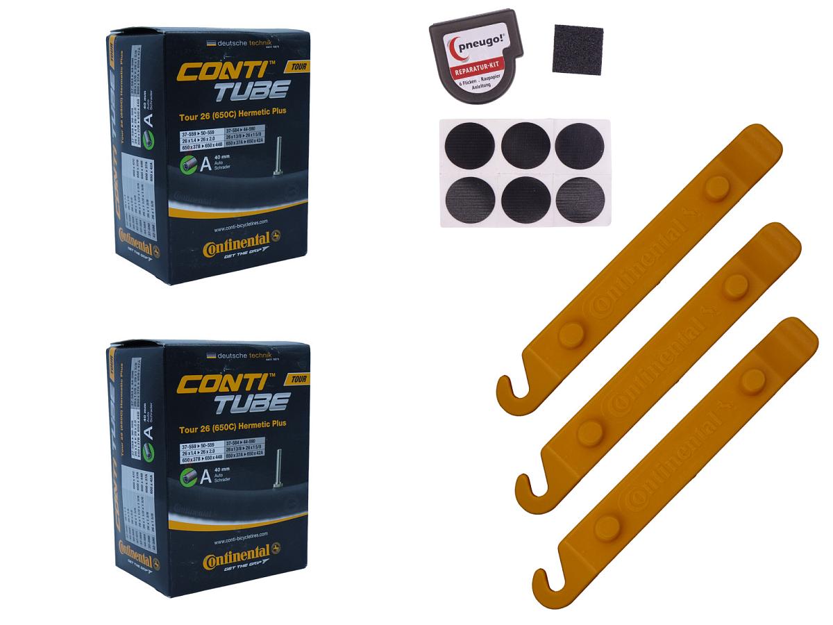 2x Fahrradschlauch Continental Hermetic Plus Tour 26 All 26 Zoll 37-559/50-559 Auto-Ventil 40mm +3x Conti Reifenheber +pneugo! Reparatur-Kit