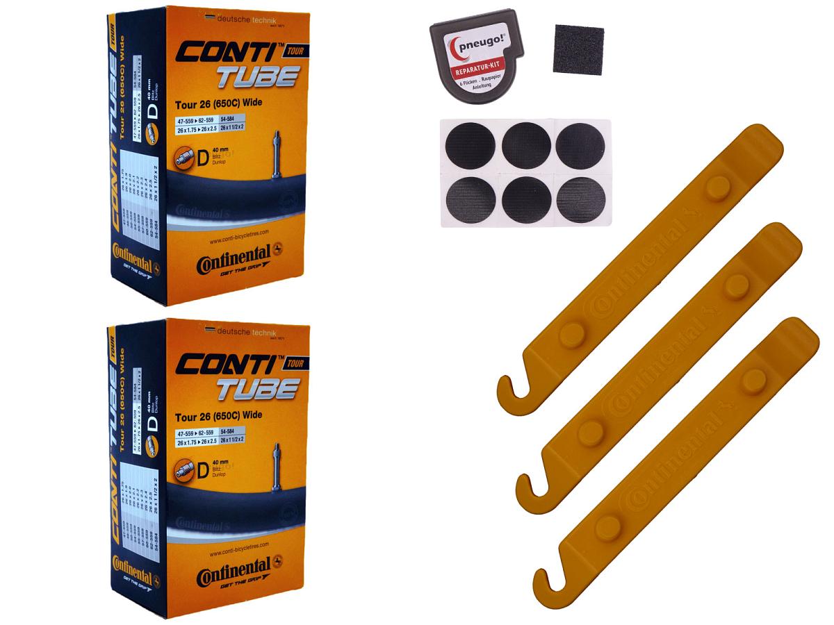 2x Fahrradschlauch Continental Tour 26 Wide 26 Zoll 47-559/62-559 Dunlop-Ventil 40mm +3x Conti Reifenheber +pneugo! Reparatur-Kit