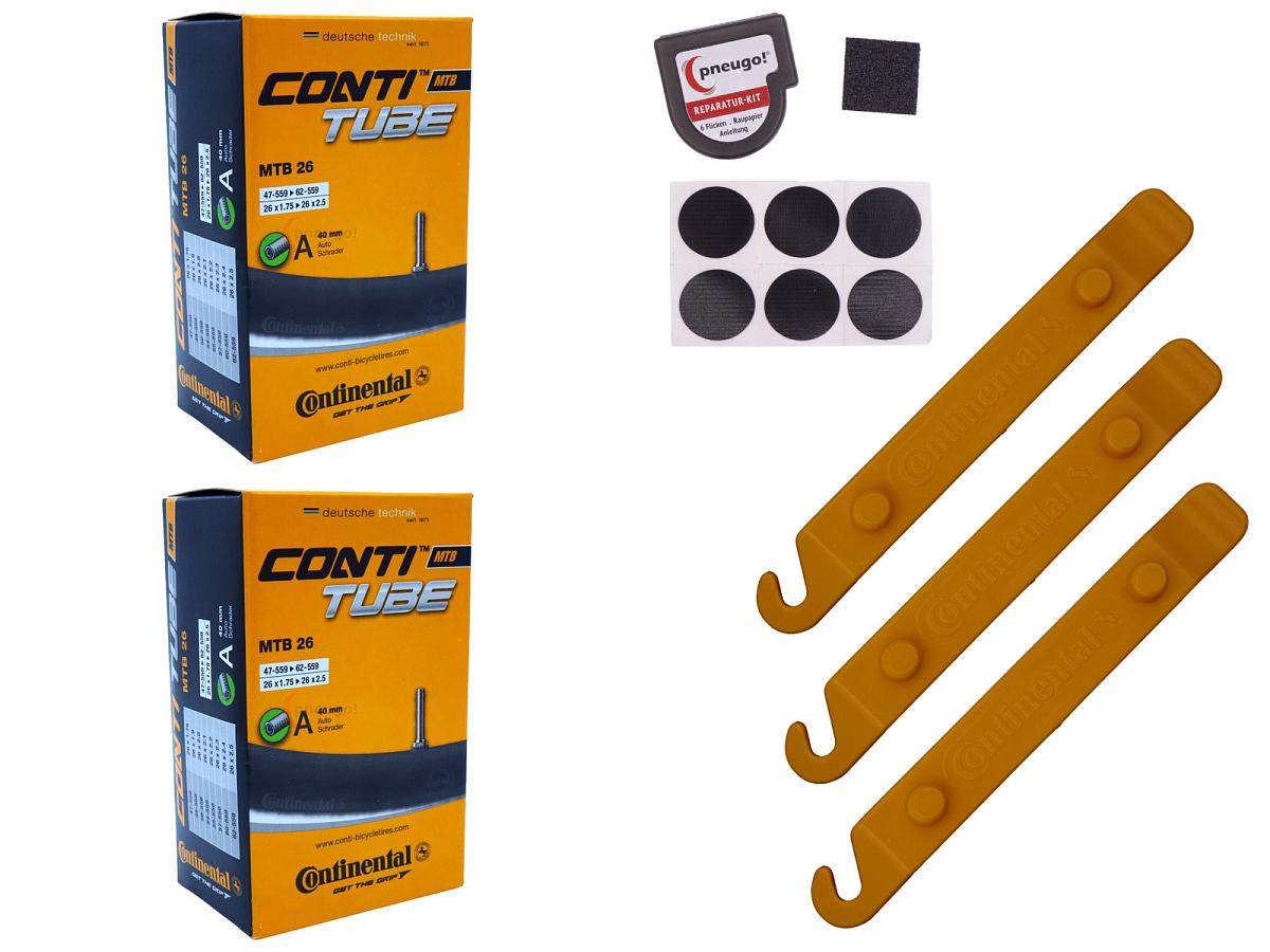 2x Fahrradschlauch Continental MTB 26 26 Zoll 47-559/62-559 Auto-Ventil 40mm +3x Conti Reifenheber +pneugo! Reparatur-Kit