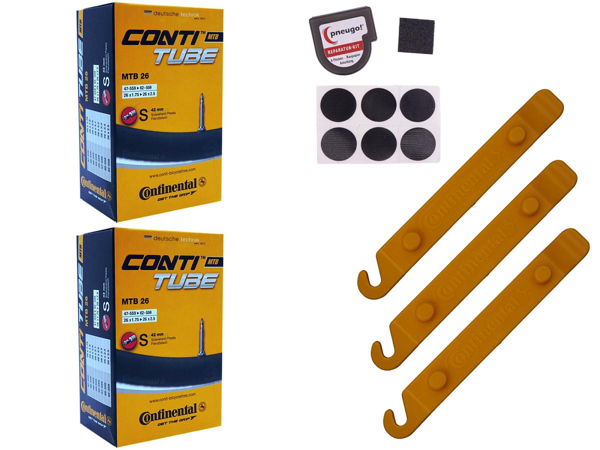 2x Fahrradschlauch Continental MTB 26 26 Zoll  Sclaverand-Ventil 42mm +3x Conti Reifenheber +pneugo! Reparatur-Kit