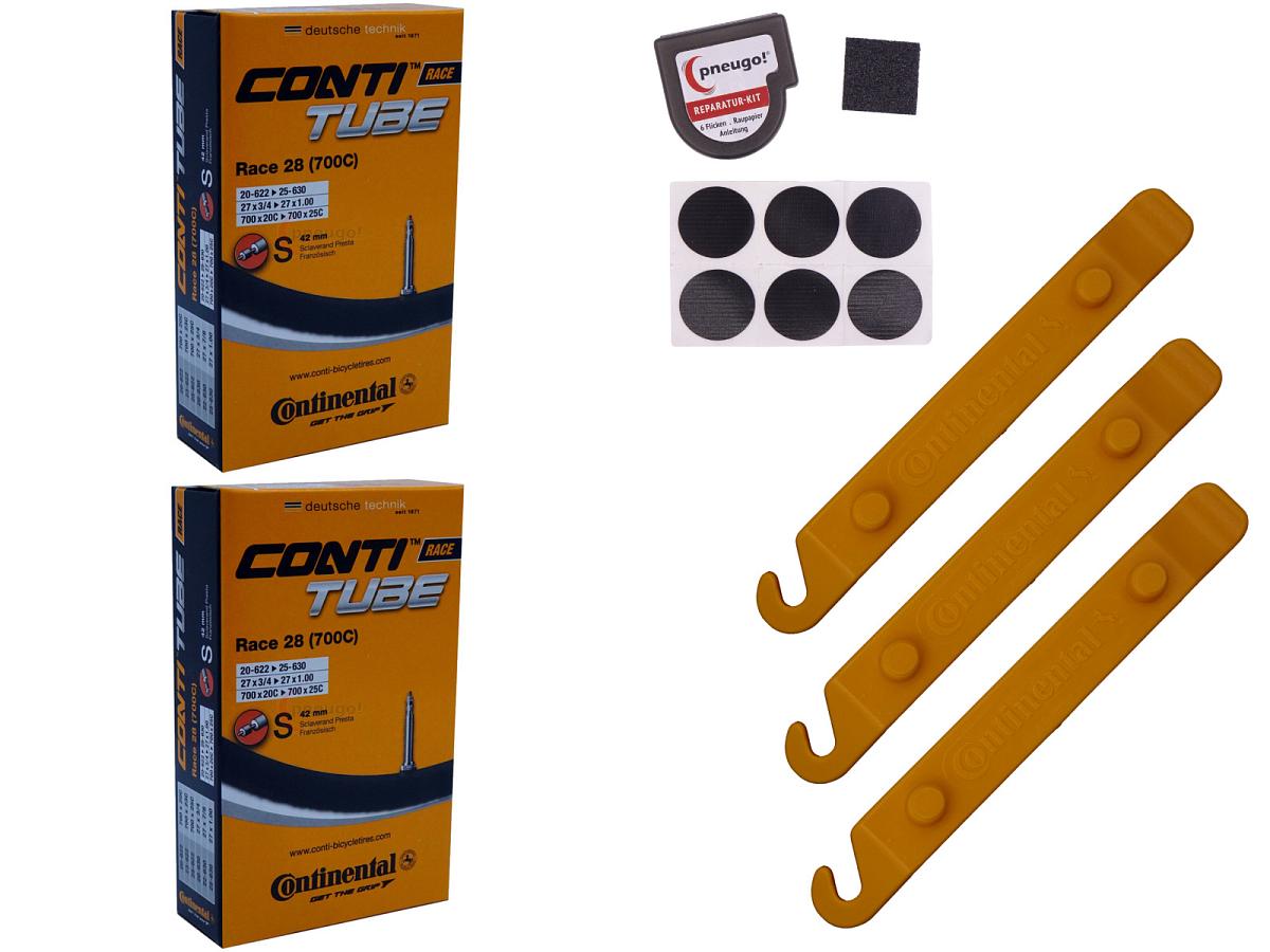 2x Fahrradschlauch Continental Race 28 28 Zoll 20-622/25-630 Sclaverand-Ventil 42mm +3x Conti Reifenheber +pneugo! Reparatur-Kit