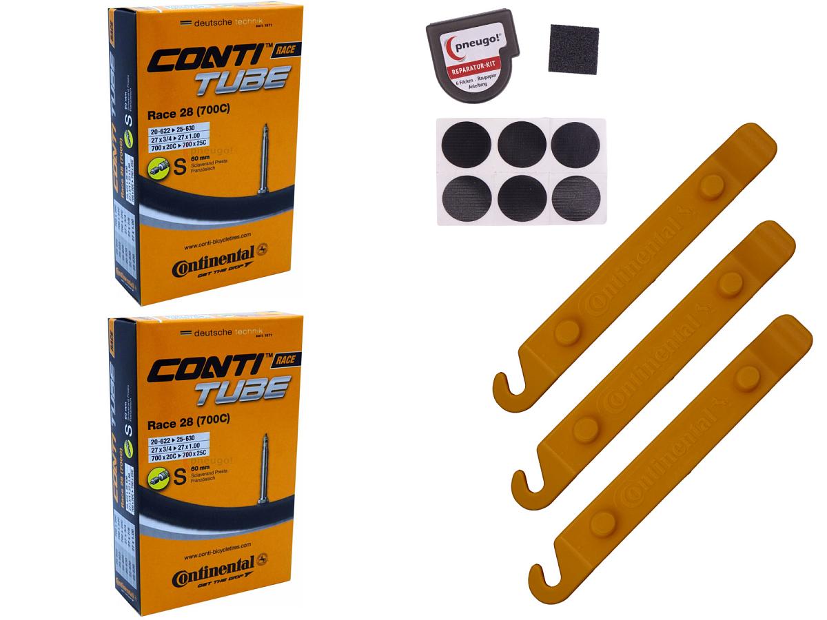 2x Fahrradschlauch Continental Race 28 28 Zoll 20-622/25-630 Sclaverand-Ventil 60mm +3x Conti Reifenheber +pneugo! Reparatur-Kit