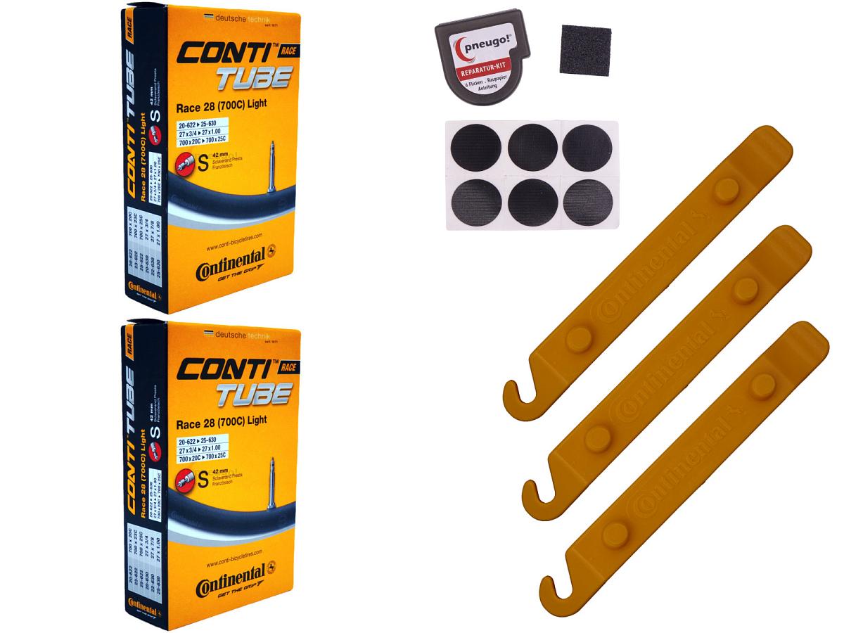 2x Fahrradschlauch Continental Race 28 Light 28 Zoll 20-622/25-630 Sclaverand-Ventil 42mm +3x Conti Reifenheber +pneugo! Reparatur-Kit