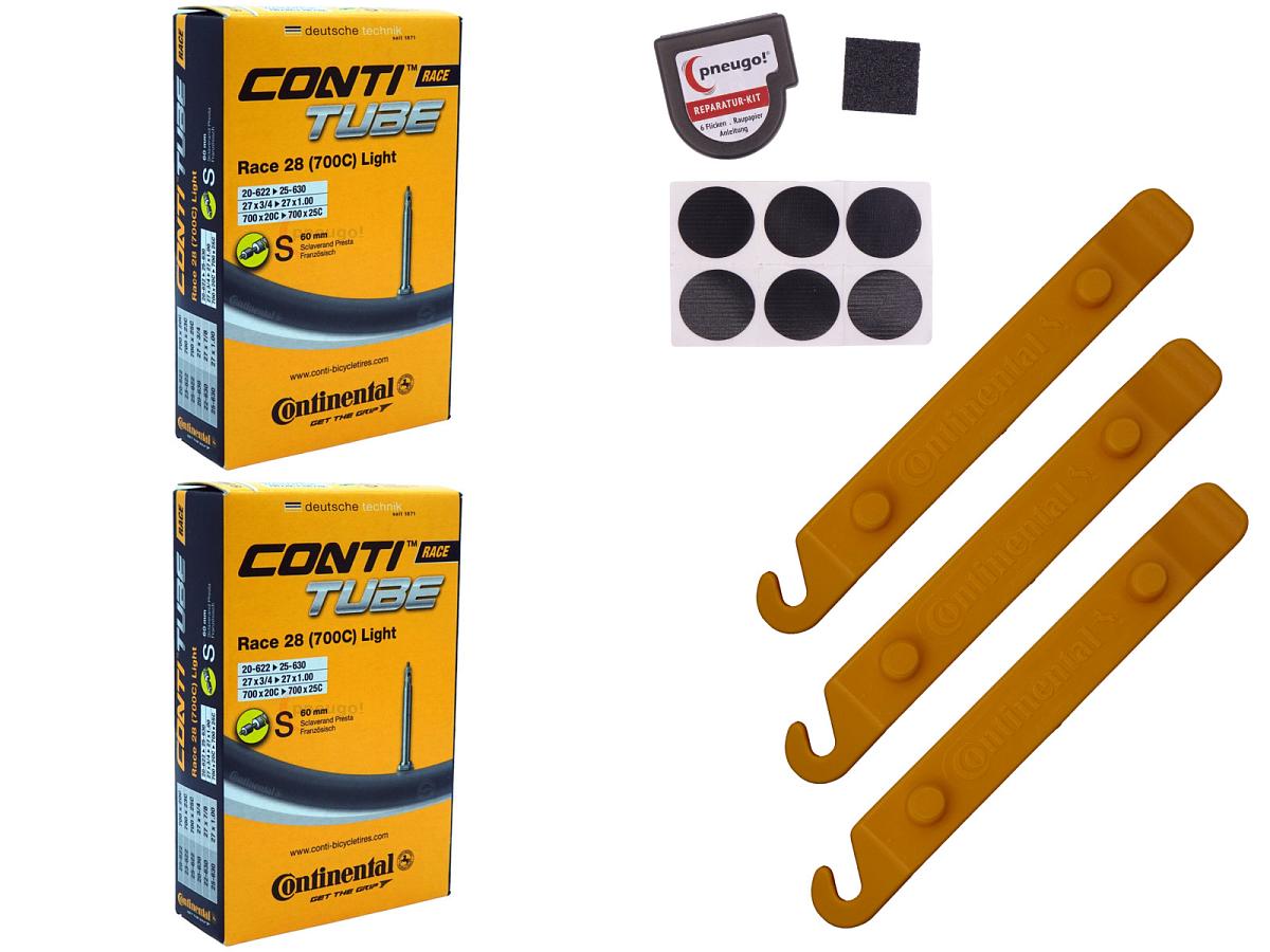 2x Fahrradschlauch Continental Race 28 Light 28 Zoll 20-622/25-630 Sclaverand-Ventil 60mm +3x Conti Reifenheber +pneugo! Reparatur-Kit