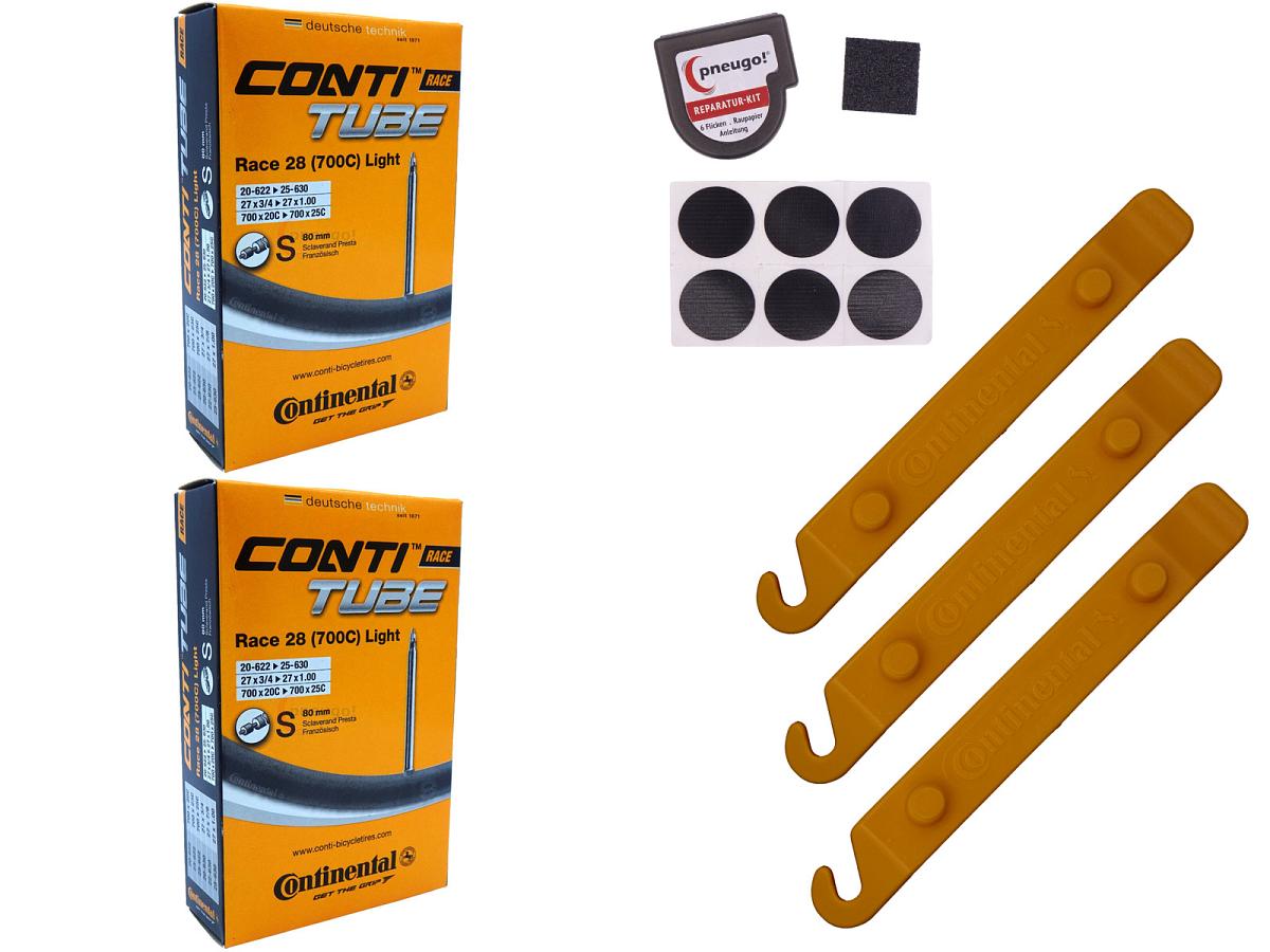 2x Fahrradschlauch Continental Race 28 Light 28 Zoll 20-622/25-630 Sclaverand-Ventil 80mm +3x Conti Reifenheber +pneugo! Reparatur-Kit