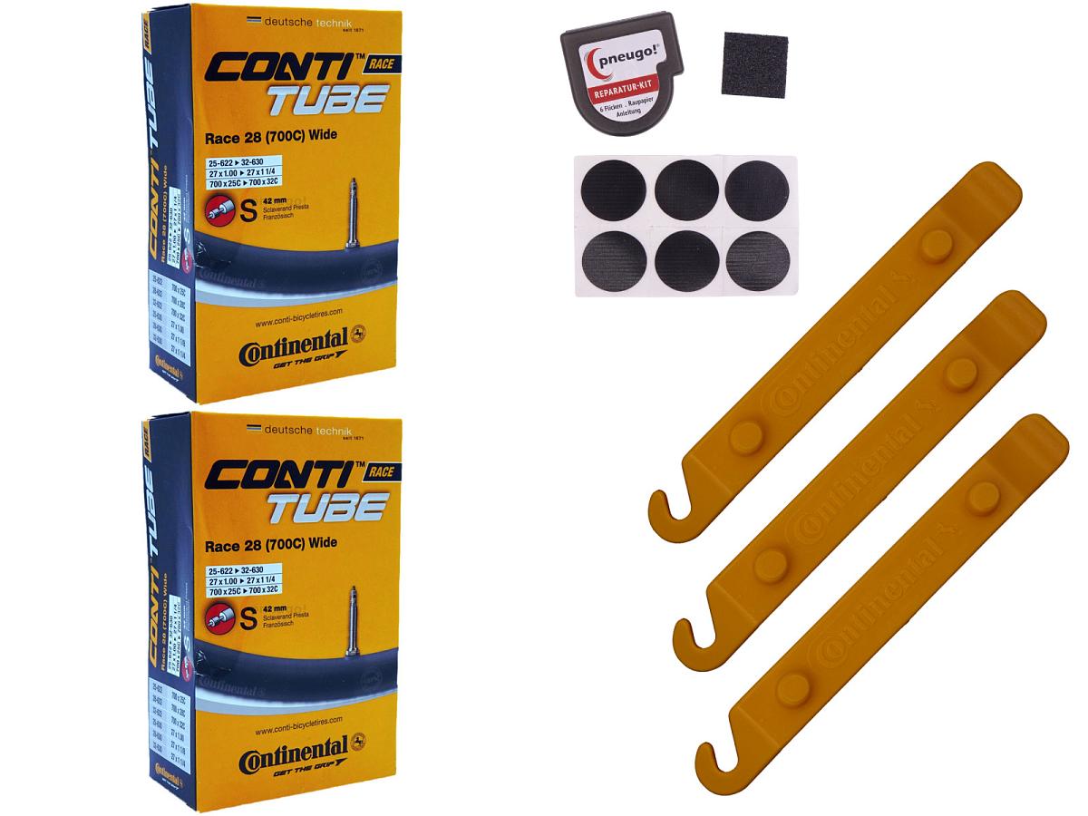 2x Fahrradschlauch Continental Race 28 Wide 28 Zoll 25-622/32-630 Sclaverand-Ventil 42mm +3x Conti Reifenheber +pneugo! Reparatur-Kit