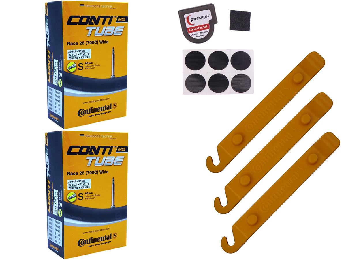 2x Fahrradschlauch Continental Race 28 Wide 28 Zoll 25-622/32-630 Sclaverand-Ventil 60mm +3x Conti Reifenheber +pneugo! Reparatur-Kit