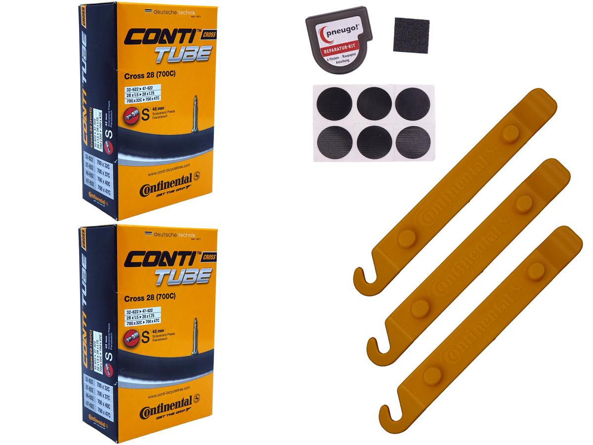 2x Fahrradschlauch Continental Cross 28 28 Zoll 32-622/47-622 Sclaverand-Ventil 42mm +3x Conti Reifenheber +pneugo! Reparatur-Kit