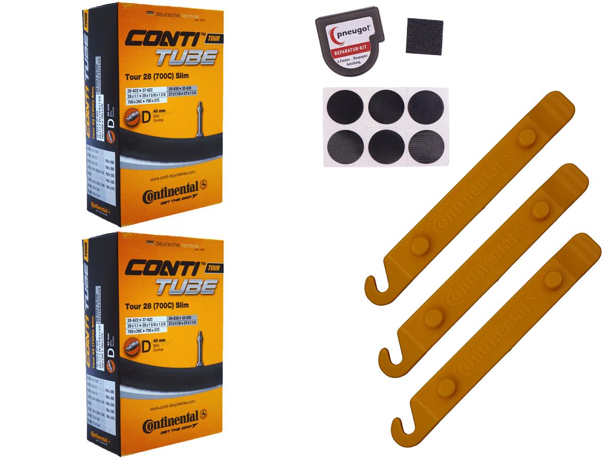 2x Fahrradschlauch Continental Tour 28 Slim 28 Zoll 28-622/37-622 Dunlop-Ventil 40mm +3x Conti Reifenheber +pneugo! Reparatur-Kit