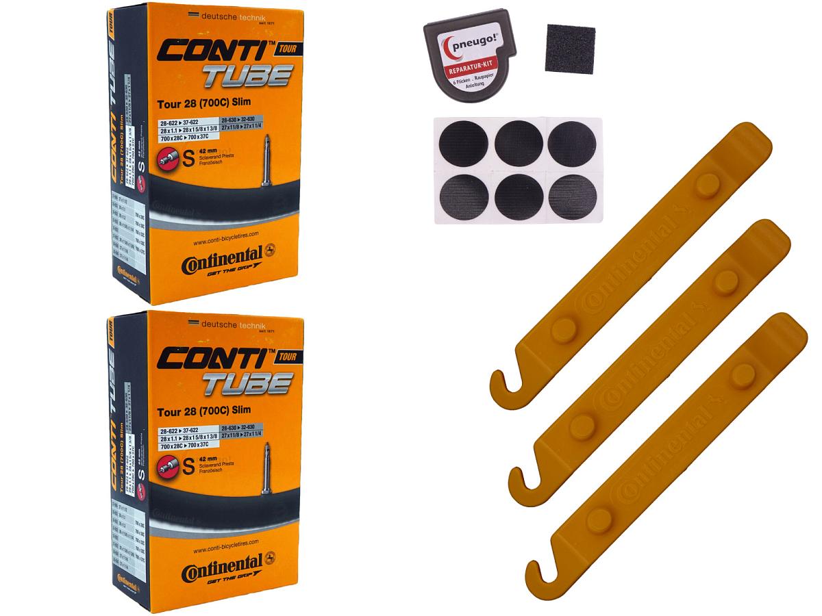 2x Fahrradschlauch Continental Tour 28 Slim 28 Zoll 28-622/37-622 Sclaverand-Ventil 42mm +3x Conti Reifenheber +pneugo! Reparatur-Kit