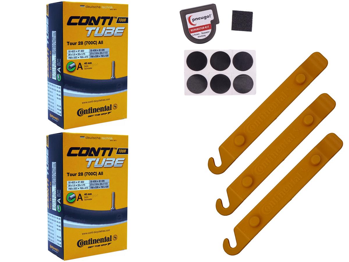 2x Fahrradschlauch Continental Tour 28 All 28 Zoll 32-622/47-622 Auto-Ventil 40mm +3x Conti Reifenheber +pneugo! Reparatur-Kit