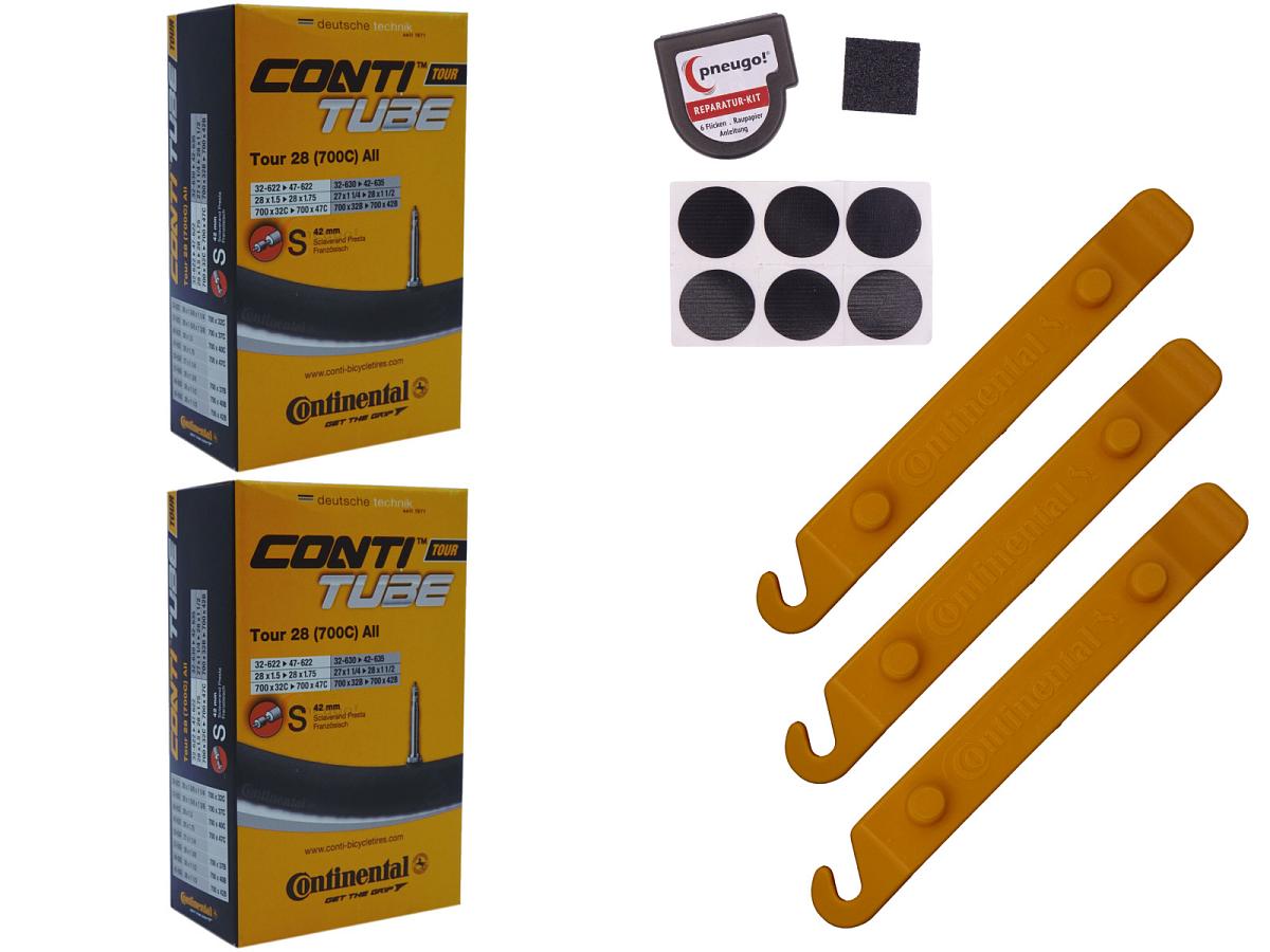 2x Fahrradschlauch Continental Tour 28 All 28 Zoll 32-622/47-622 Sclaverand-Ventil 42mm +3x Conti Reifenheber +pneugo! Reparatur-Kit