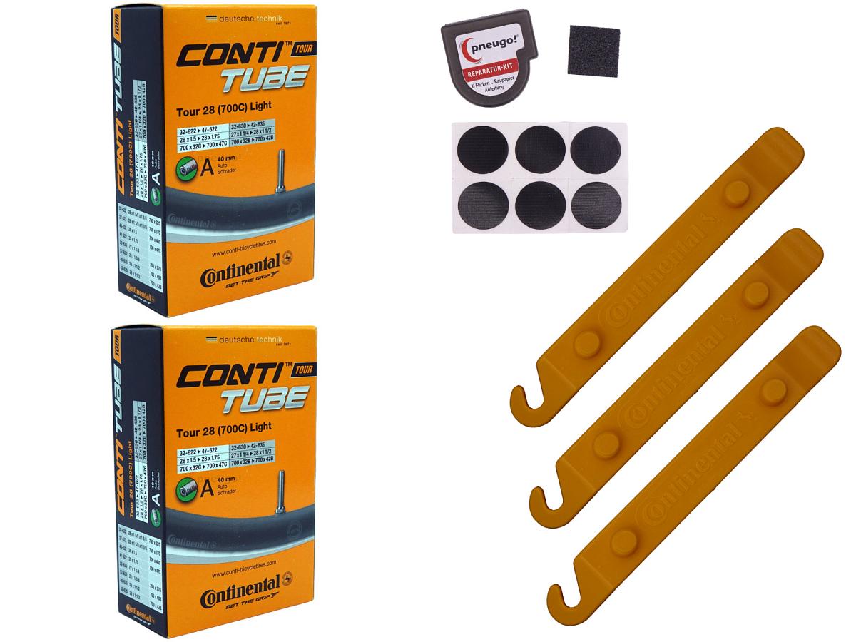 2x Fahrradschlauch Continental Tour 28 Light 28 Zoll 32-622/47-622 Auto-Ventil 40mm +3x Conti Reifenheber +pneugo! Reparatur-Kit