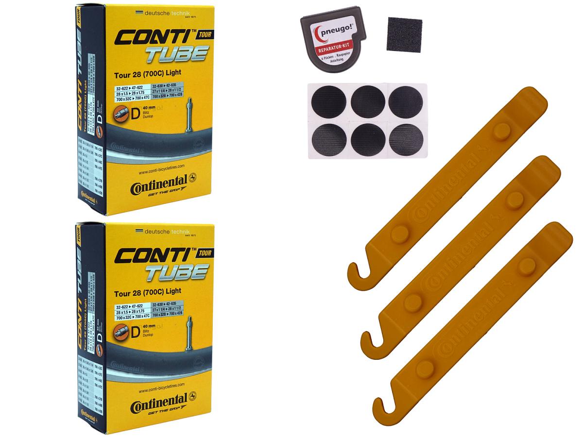 2x Fahrradschlauch Continental Tour 28 Light 28 Zoll 32-622/47-622 Dunlop-Ventil 40mm +3x Conti Reifenheber +pneugo! Reparatur-Kit