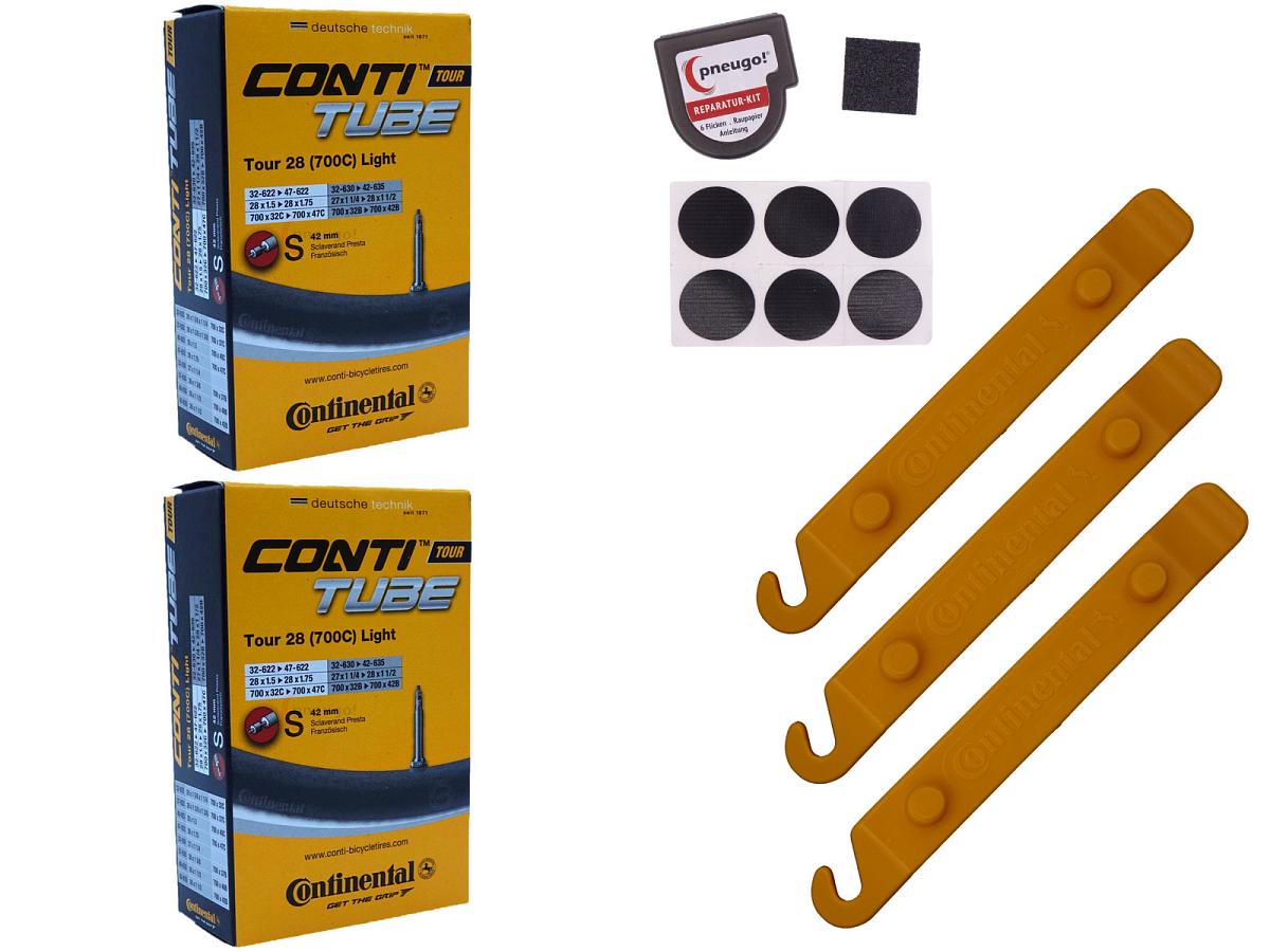 2x Fahrradschlauch Continental Tour 28 Light 28 Zoll 32-622/47-622 Sclaverand-Ventil 42mm +3x Conti Reifenheber +pneugo! Reparatur-Kit