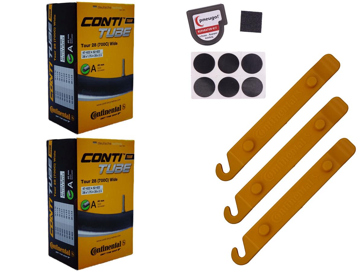 2x Fahrradschlauch Continental Tour 28 Wide 28 Zoll 47-622/62-622 Auto-Ventil 40mm +3x Conti Reifenheber +pneugo! Reparatur-Kit