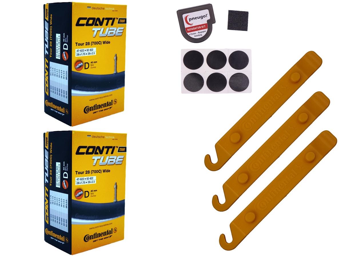 2x Fahrradschlauch Continental Tour 28 Wide 28 Zoll 47-622/62-622 Dunlop-Ventil 40mm +3x Conti Reifenheber +pneugo! Reparatur-Kit