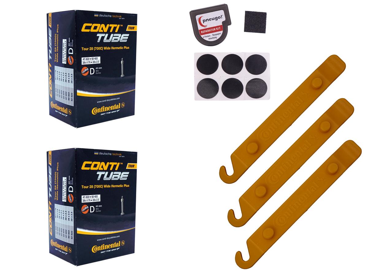 2x Fahrradschlauch Continental Hermetic Plus Tour 28 Wide 28 Zoll 47-622/62-622 Dunlop-Ventil 40mm +3x Conti Reifenheber +pneugo! Reparatur-Kit