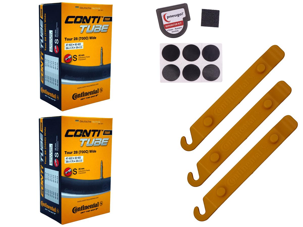 2x Fahrradschlauch Continental Tour 28 Wide 28 Zoll 47-622/62-622 Sclaverand-Ventil 42mm +3x Conti Reifenheber +pneugo! Reparatur-Kit