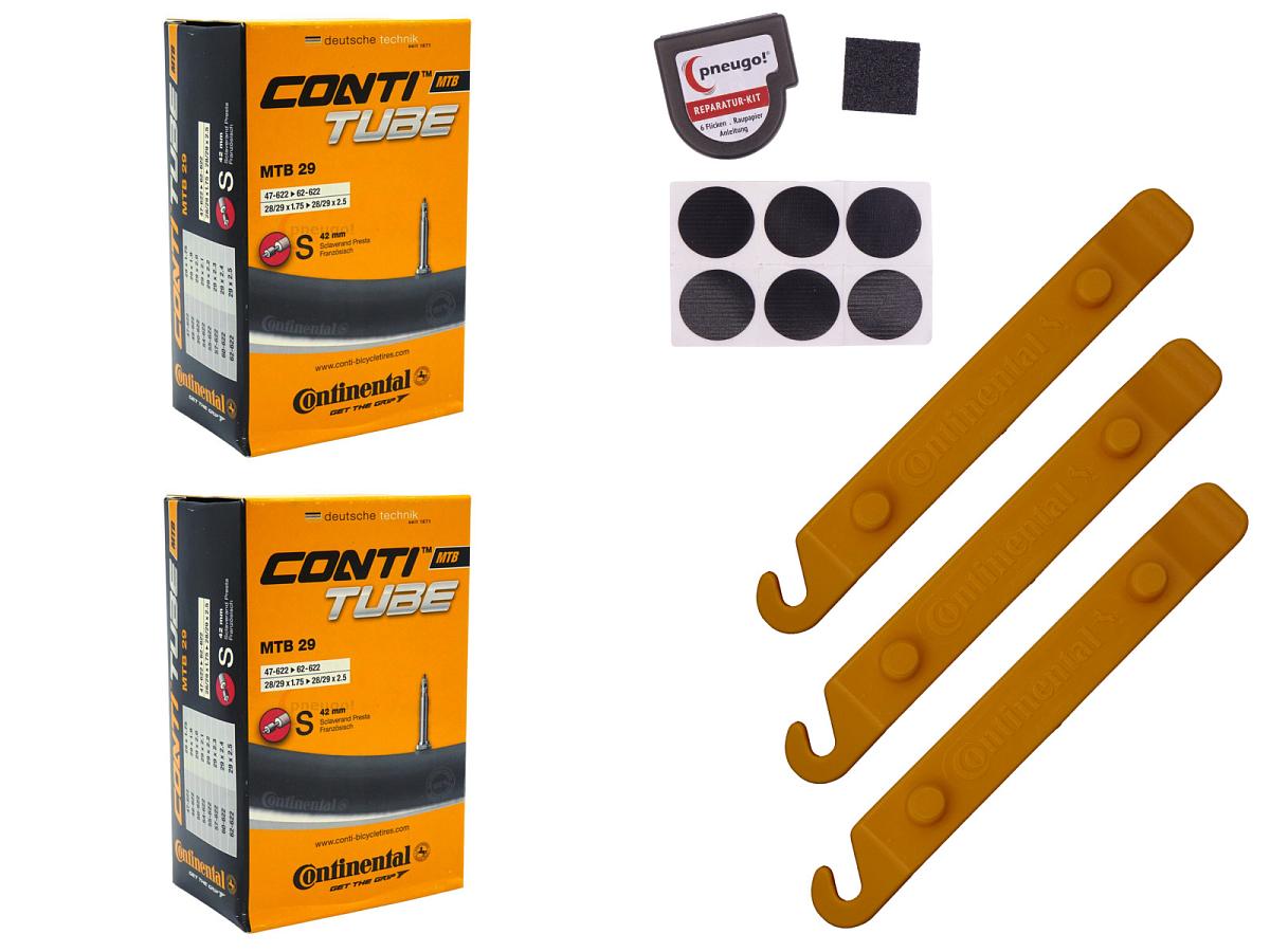 2x Fahrradschlauch Continental MTB 28+29 Zoll 47-622/62-622 Sclaverand-Ventil 42mm +3x Conti Reifenheber +pneugo! Reparatur-Kit