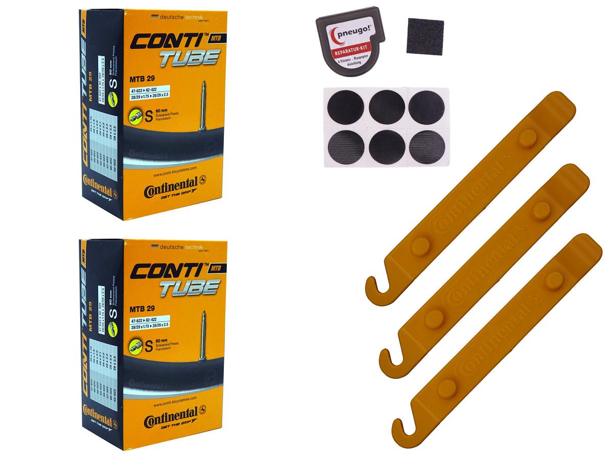 2x Fahrradschlauch Continental MTB29 28+29 Zoll 47-622/62-622 Sclaverand-Ventil 60mm +3x Conti Reifenheber +pneugo! Reparatur-Kit