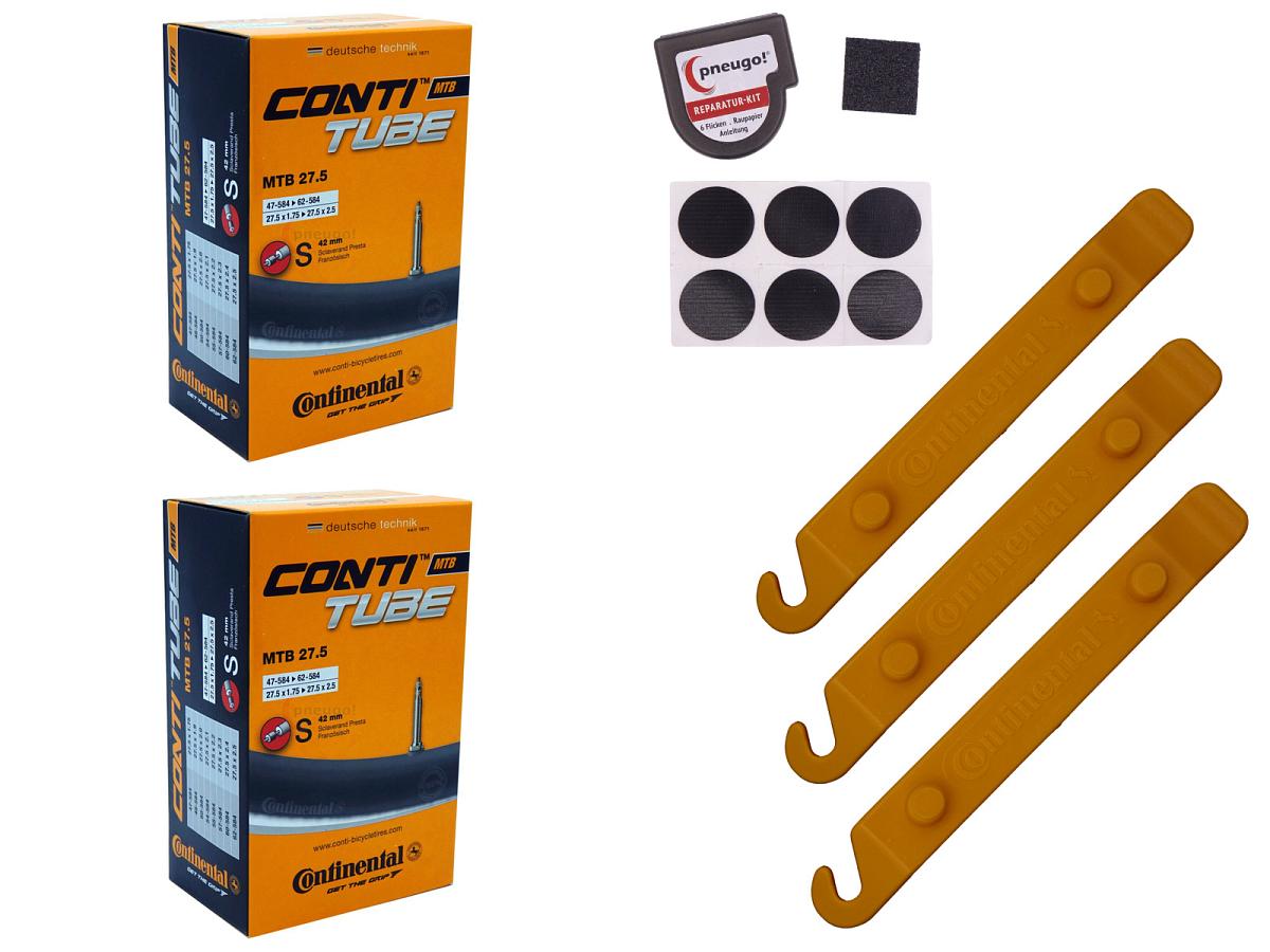 2x Fahrradschlauch Continental MTB 27.5 27.5 Zoll 47-584/62-584 Sclaverand-Ventil 42mm +3x Conti Reifenheber +pneugo! Reparatur-Kit