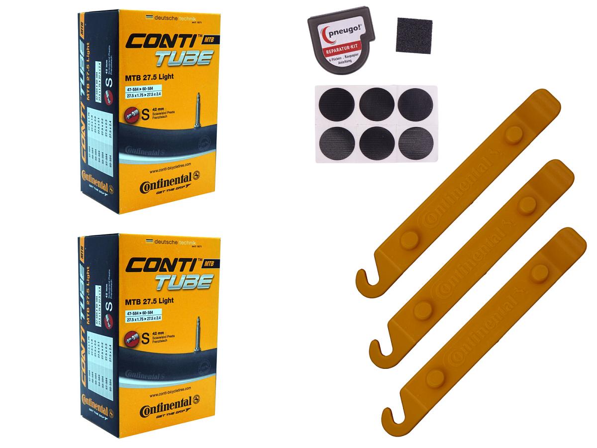 2x Fahrradschlauch Continental MTB 27.5 Light 27.5 Zoll 47-584/60-584 Sclaverand-Ventil 42mm +3x Conti Reifenheber +pneugo! Reparatur-Kit