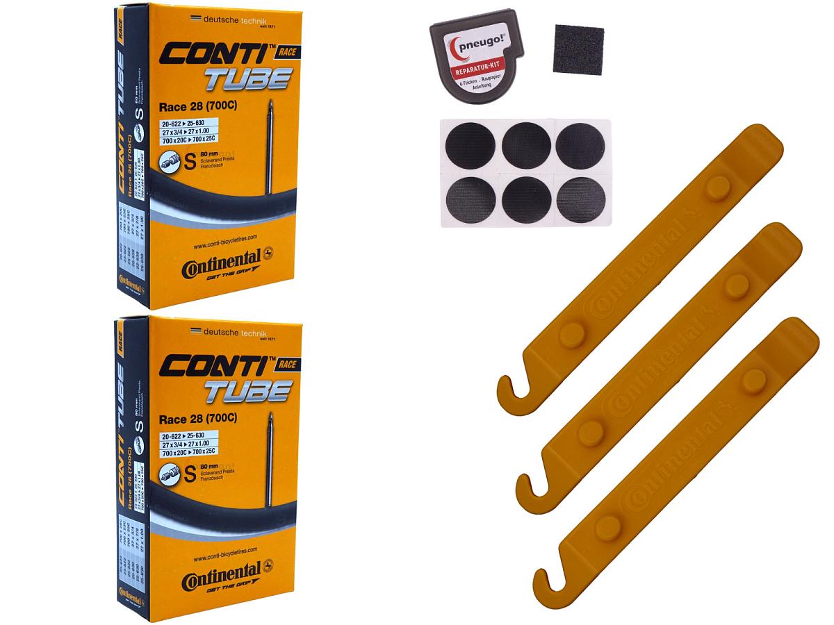 2x Fahrradschlauch Continental Race 28 28 Zoll 20-622/25-630 Sclaverand-Ventil 80mm +3x Conti Reifenheber +pneugo! Reparatur-Kit