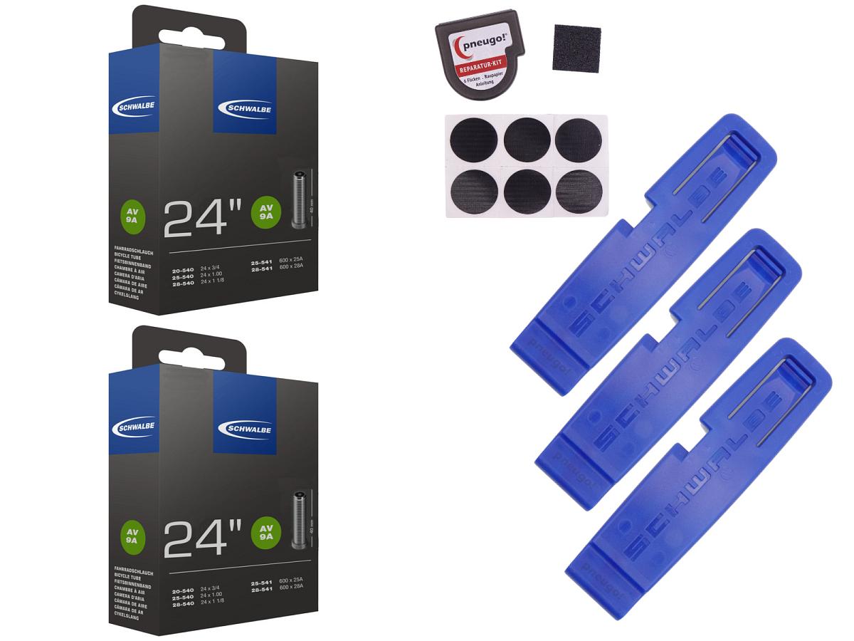 2x Fahrradschlauch Schwalbe AV9A 24 Zoll 20-540/28-541 Auto-Ventil 40mm +3x Schwalbe Reifenheber +pneugo! Reparatur-Kit