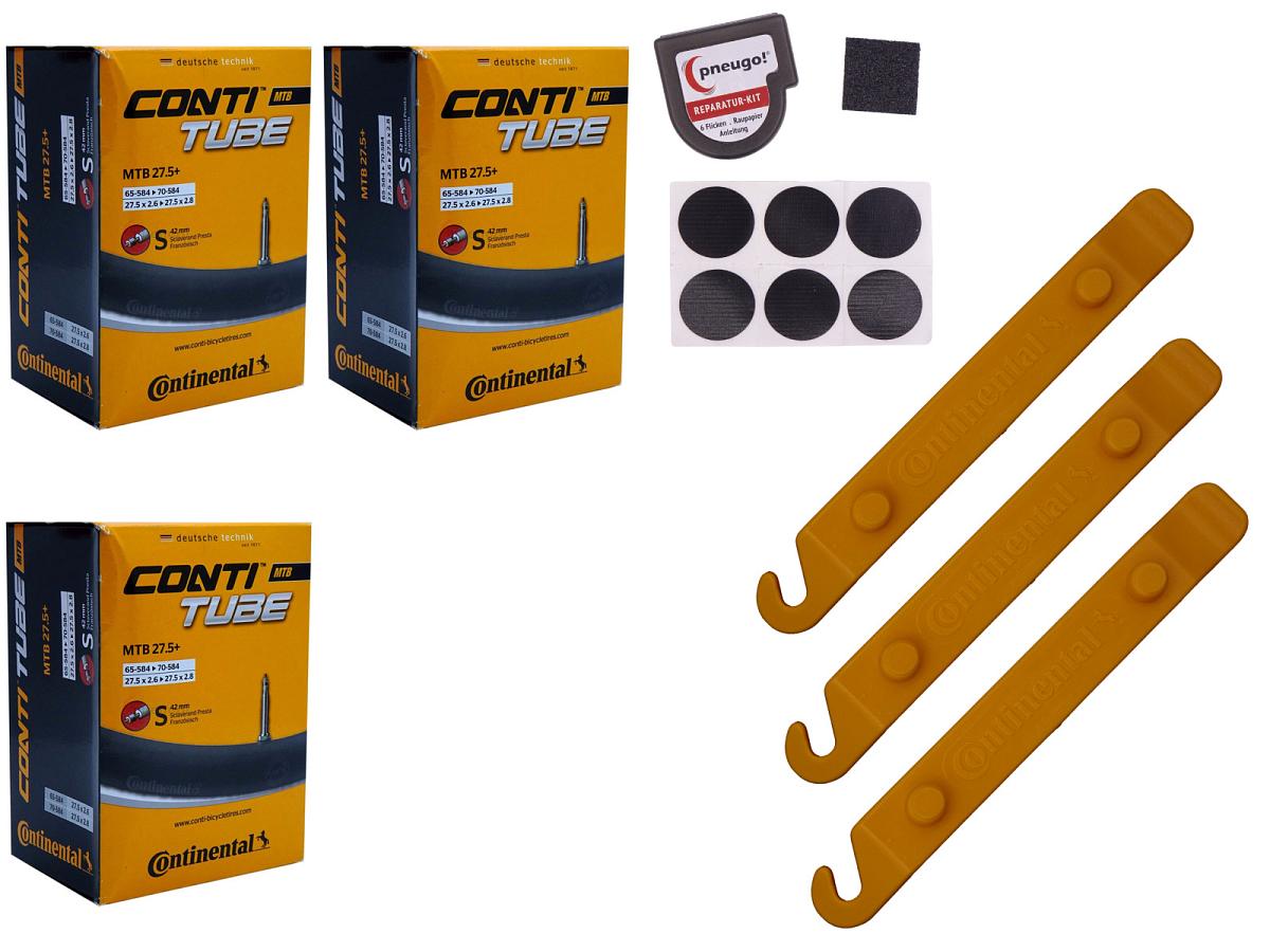 3x Fahrradschlauch Continental MTB 27.5 Wide 27.5 Zoll 65-584/70-584 Sclaverand-Ventil 42mm +3x Conti Reifenheber +pneugo! Reparatur-Kit