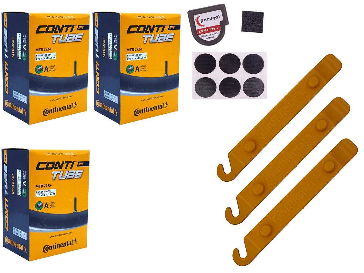 3x Fahrradschlauch Continental MTB 27.5 Wide 27.5 Zoll 65-584/70-584 Auto-Ventil 40mm +3x Conti Reifenheber +pneugo! Reparatur-Kit